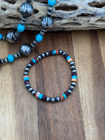 6mm Multi Stone Sterling Silver Pearl Stretchy Bracelet