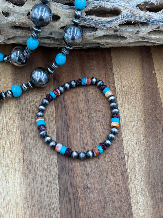 6mm Multi Stone Sterling Silver Pearl Stretchy Bracelet