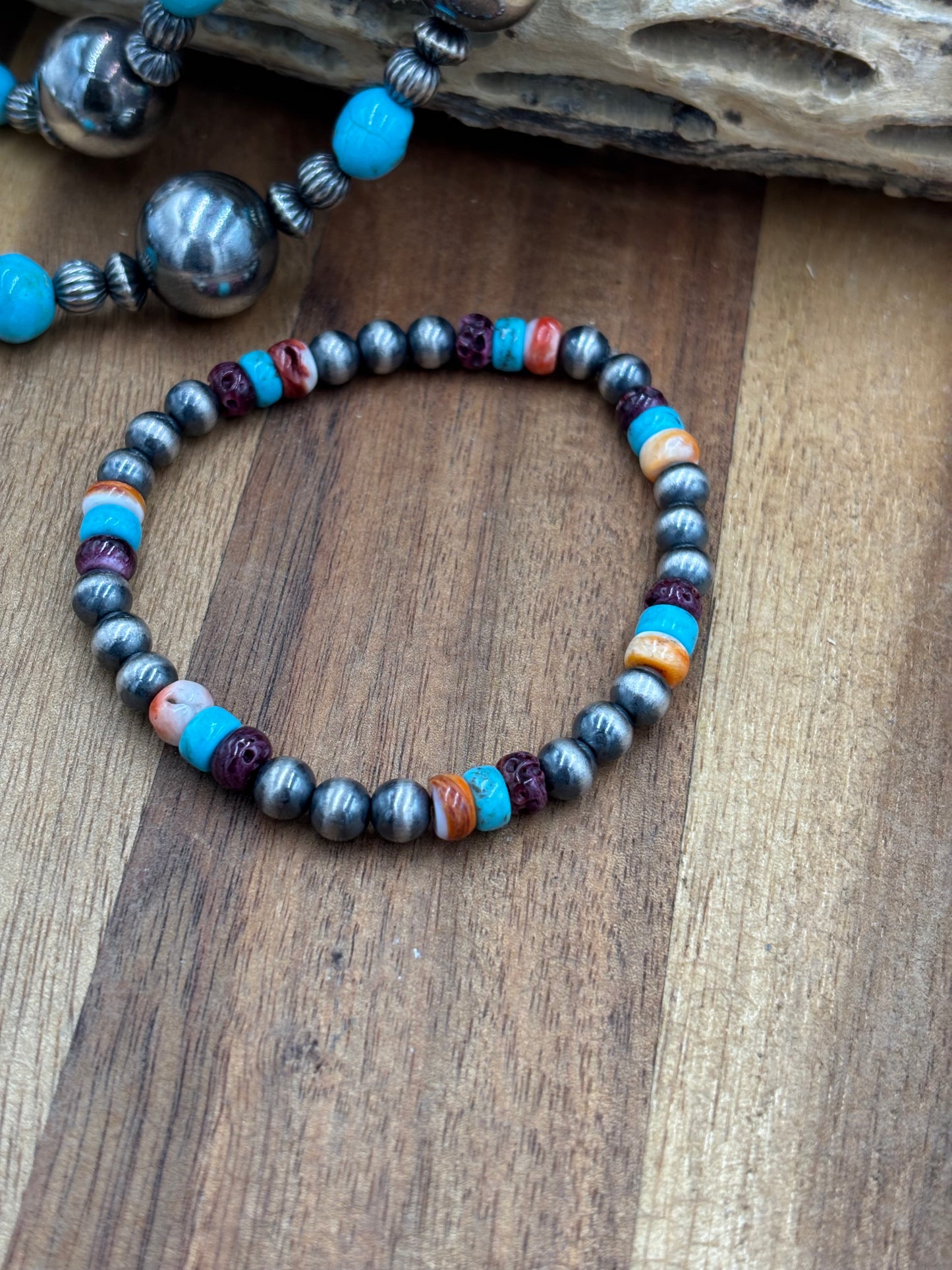 6mm Multi Stone Sterling Silver Pearl Stretchy Bracelet