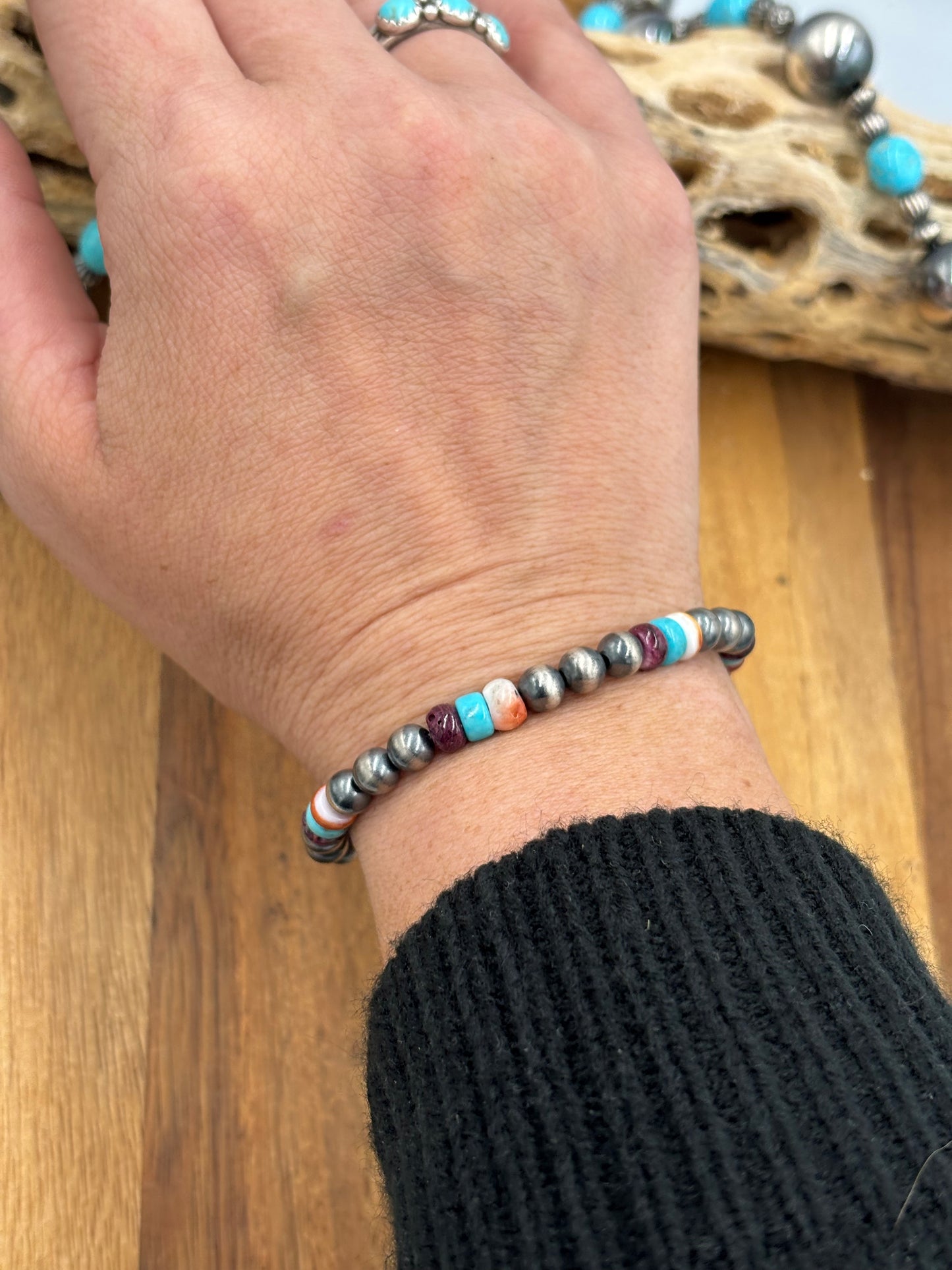 6mm Multi Stone Sterling Silver Pearl Stretchy Bracelet