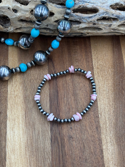 4mm Pink Conch Nugget Sterling Silver Pearl Stretchy Bracelet