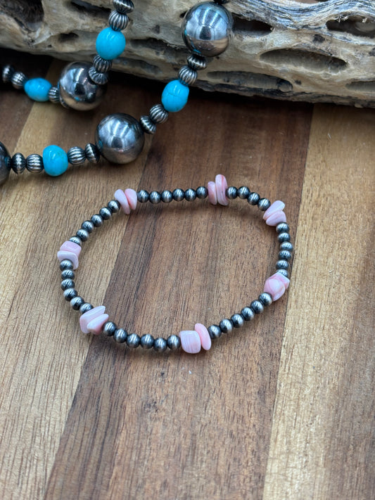4mm Pink Conch Nugget Sterling Silver Pearl Stretchy Bracelet