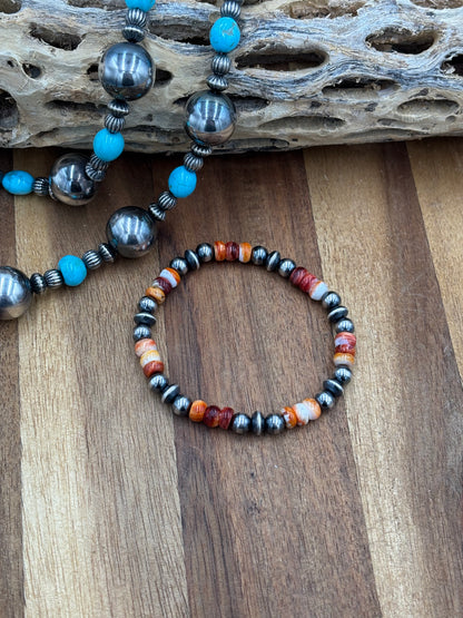 6mm Orange & Red Spiny Sterling Silver Pearl Stretchy Bracelet