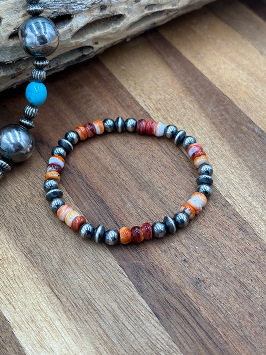 6mm Orange & Red Spiny Sterling Silver Pearl Stretchy Bracelet