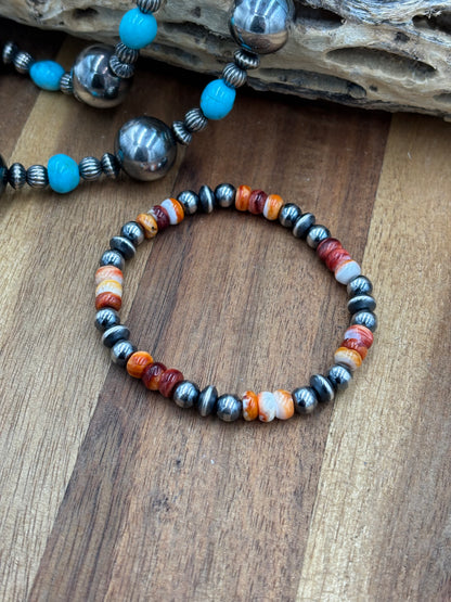 6mm Orange & Red Spiny Sterling Silver Pearl Stretchy Bracelet