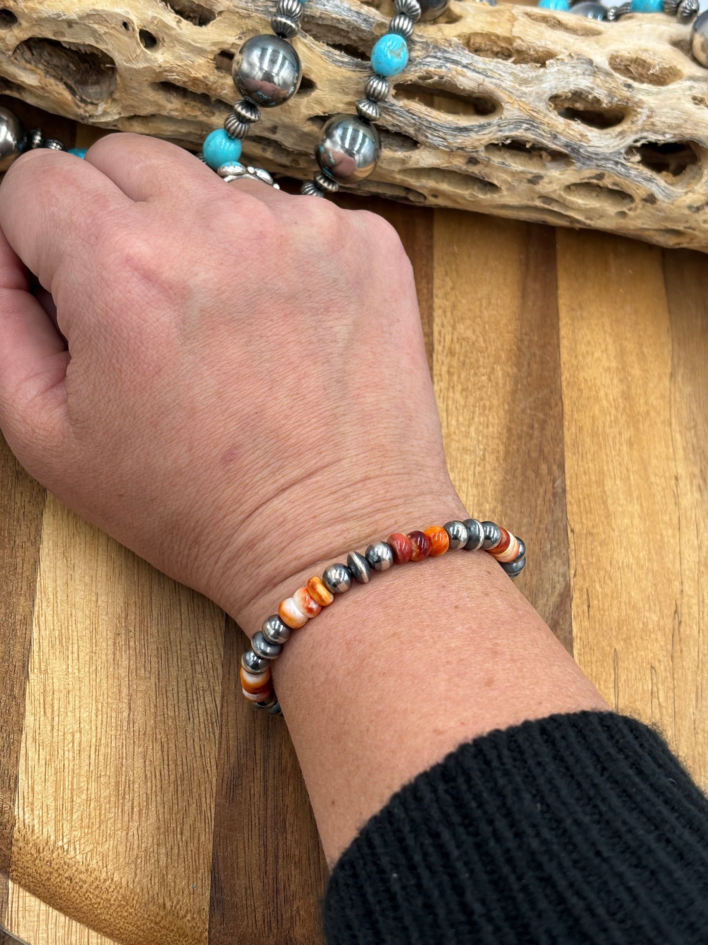 6mm Orange & Red Spiny Sterling Silver Pearl Stretchy Bracelet