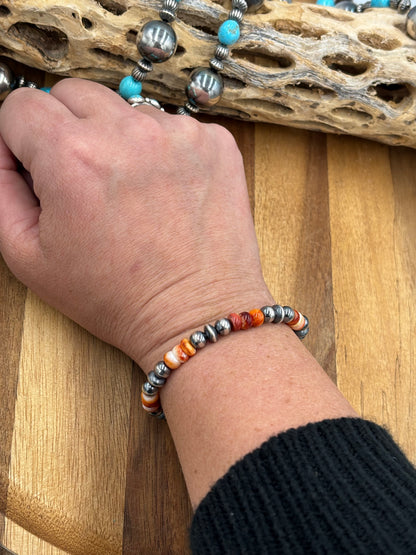 6mm Orange & Red Spiny Sterling Silver Pearl Stretchy Bracelet