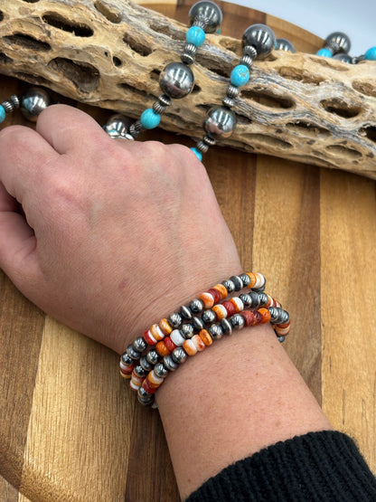 6mm Orange & Red Spiny Sterling Silver Pearl Stretchy Bracelet