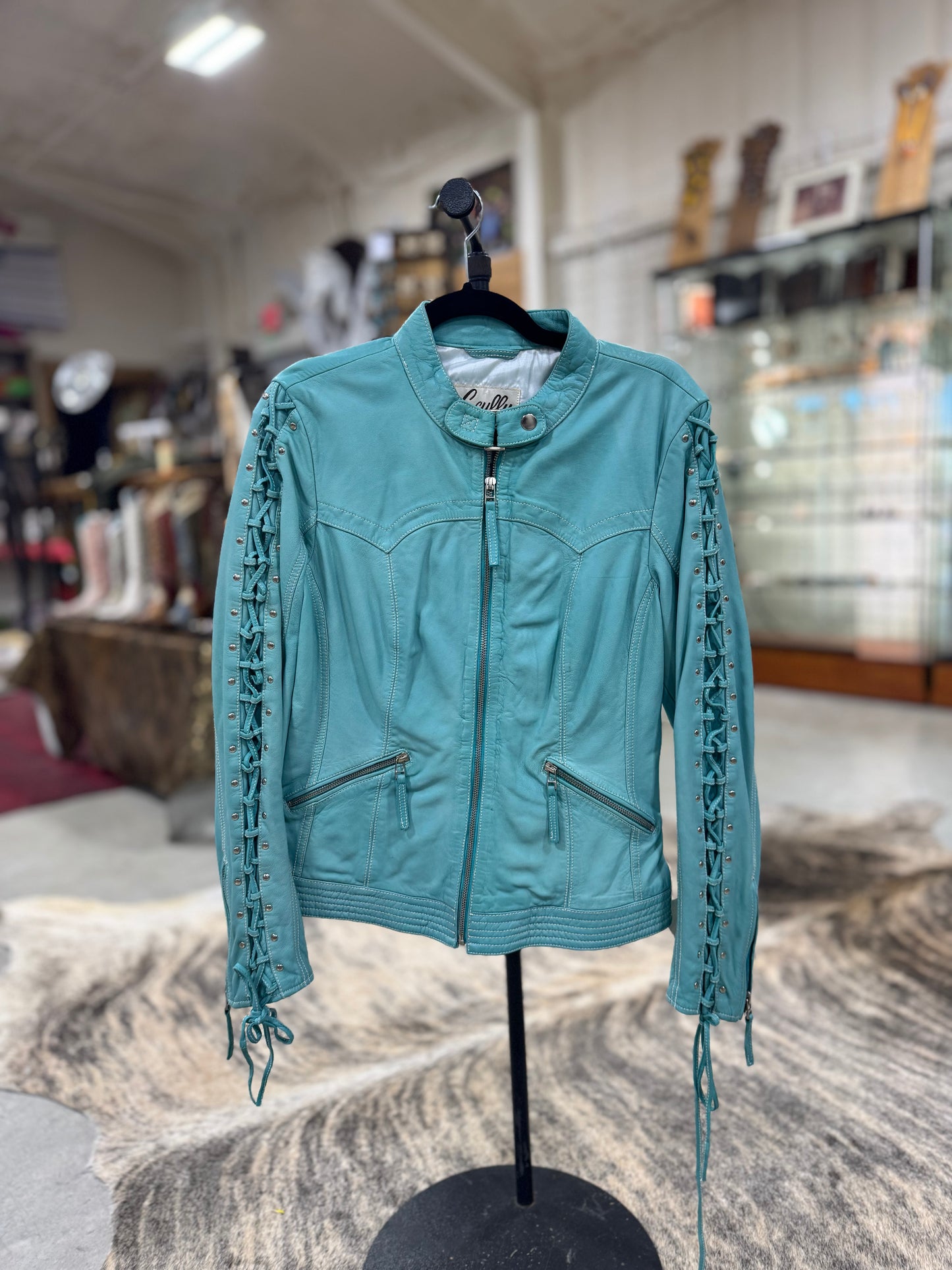 Scully Turquoise Lace Up Leather Jacket
