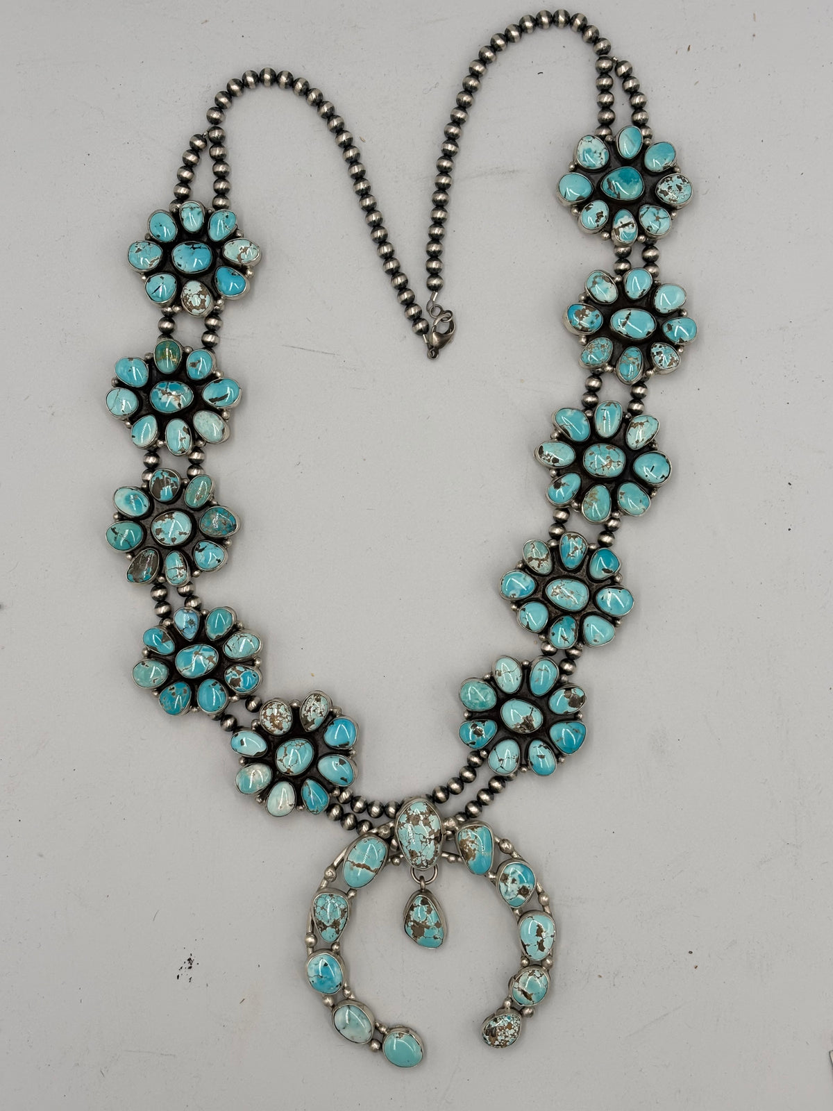 Carico Lake #102-12 Turquoise Squash Blossom Set by Ella Peter, Navajo