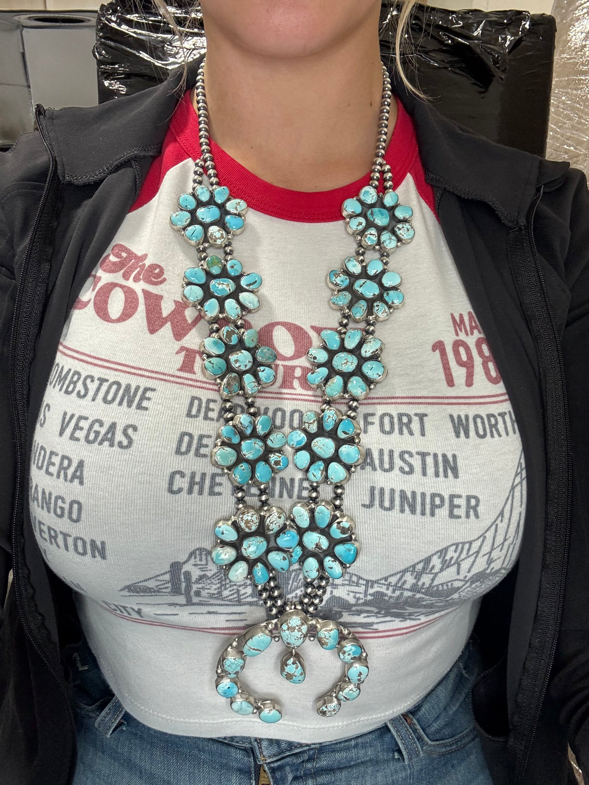 Carico Lake #102-12 Turquoise Squash Blossom Set by Ella Peter, Navajo