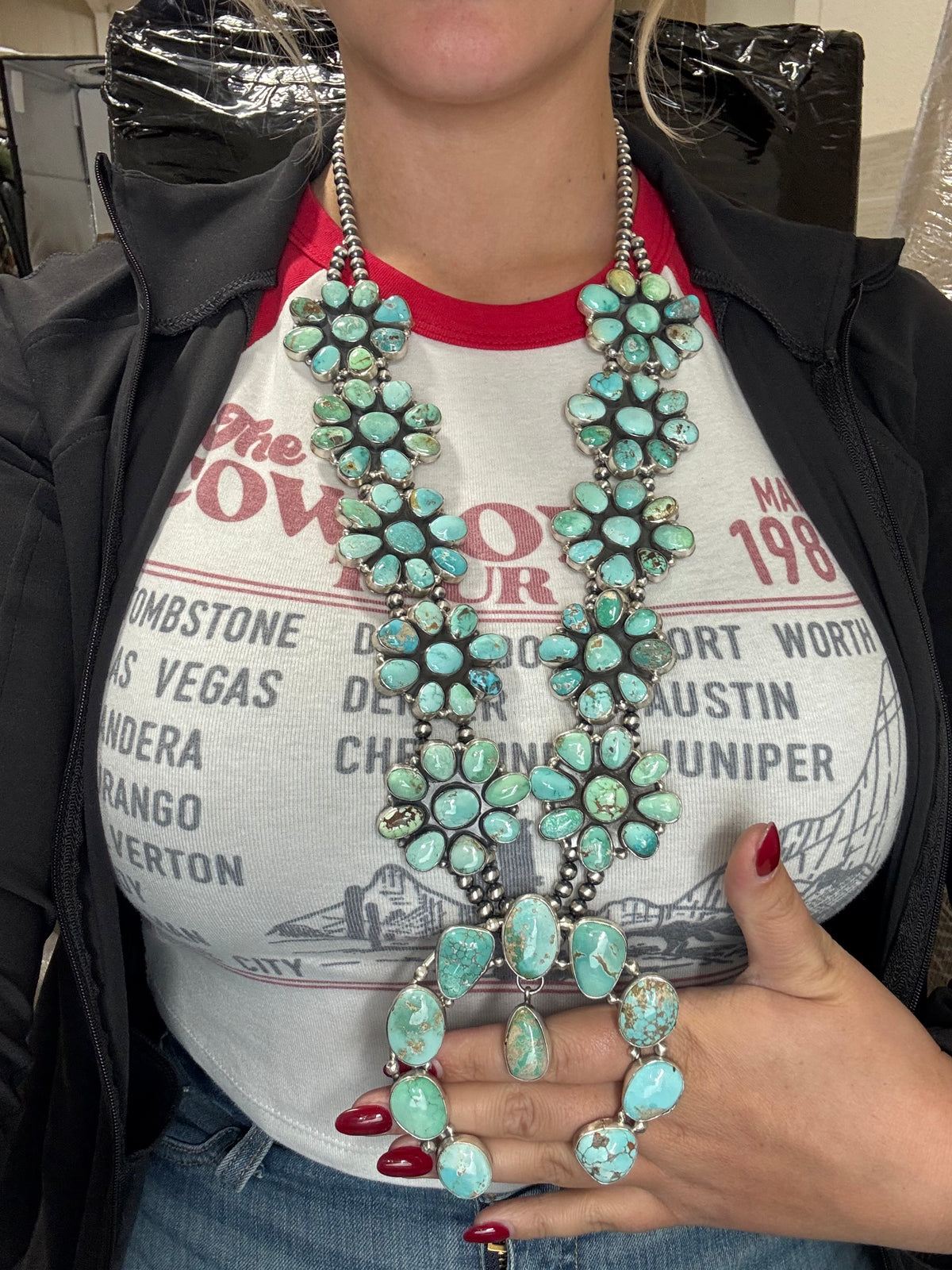 Carico Lake #102-11 Turquoise Squash Blossom Set by Ella Peter, Navajo