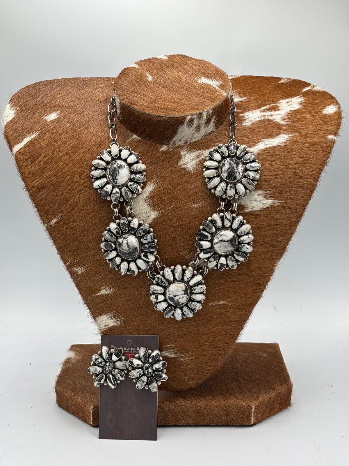 White Buffalo #102-10 Cluster Statement Necklace & Earring Set by Paul Livingston, Navajo