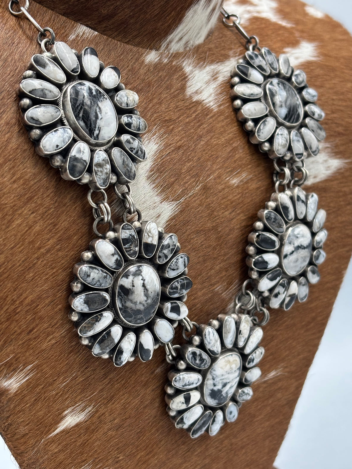 White Buffalo #102-10 Cluster Statement Necklace & Earring Set by Paul Livingston, Navajo
