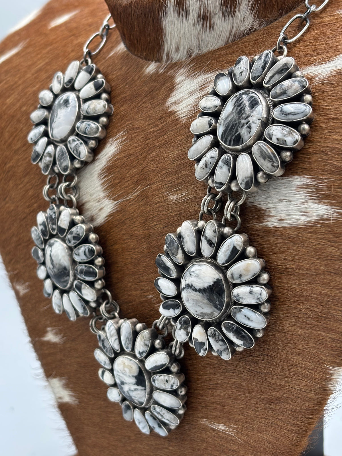 White Buffalo #102-10 Cluster Statement Necklace & Earring Set by Paul Livingston, Navajo