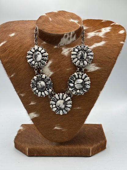 White Buffalo #102-10 Cluster Statement Necklace & Earring Set by Paul Livingston, Navajo