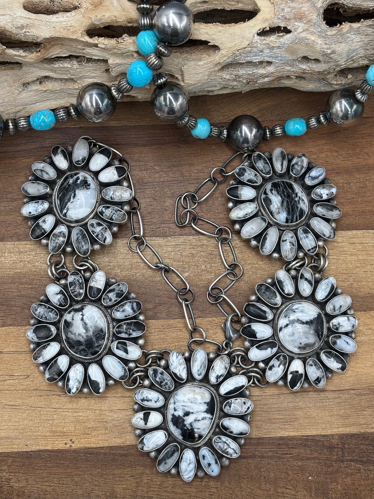 White Buffalo #102-10 Cluster Statement Necklace & Earring Set by Paul Livingston, Navajo