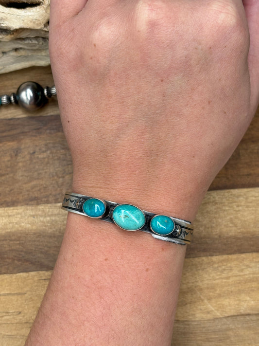 Kingman #108-9 Turquoise Cuff by Rick Enriquez, Navajo