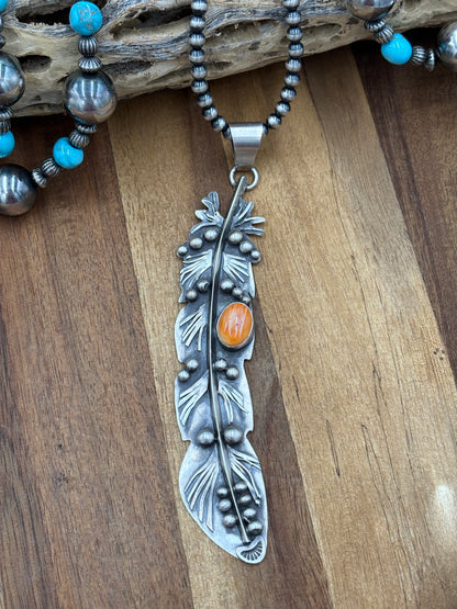 Orange Spiny Feather Pendant by Miranda Willie, Navajo