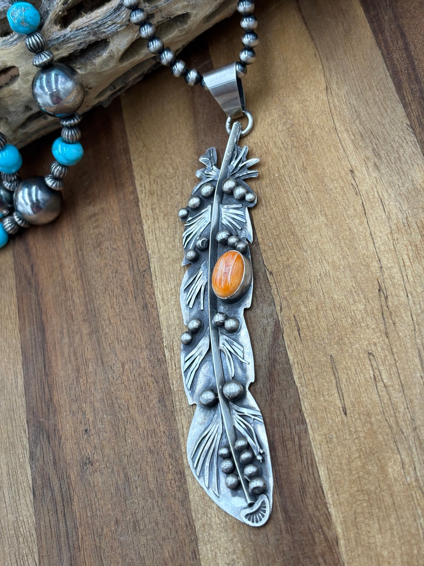 Orange Spiny Feather Pendant by Miranda Willie, Navajo