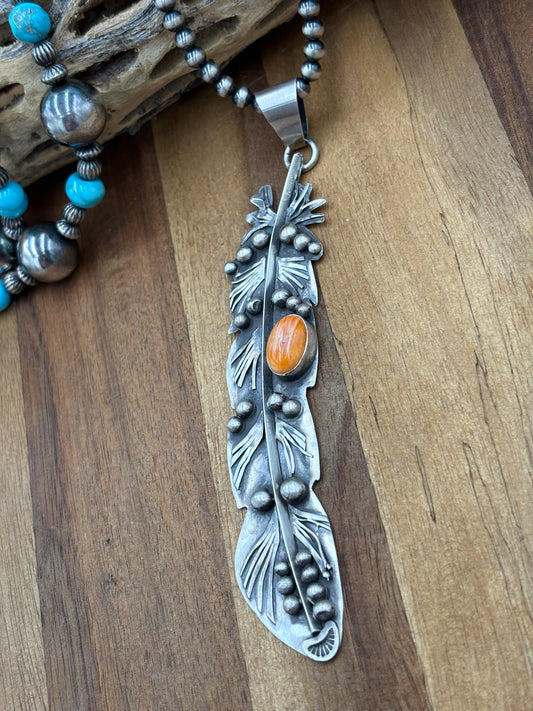 Orange Spiny Feather Pendant by Miranda Willie, Navajo