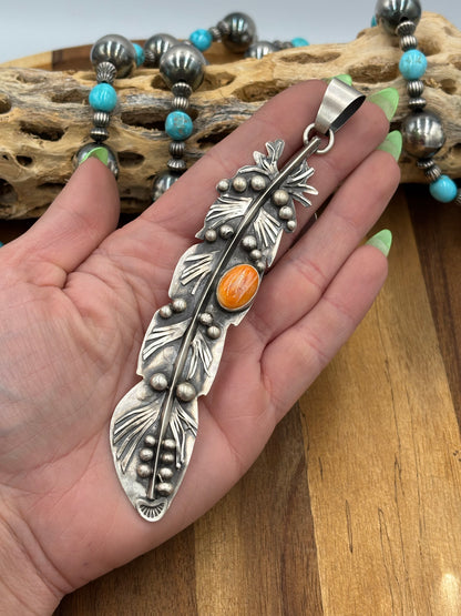 Orange Spiny Feather Pendant by Miranda Willie, Navajo