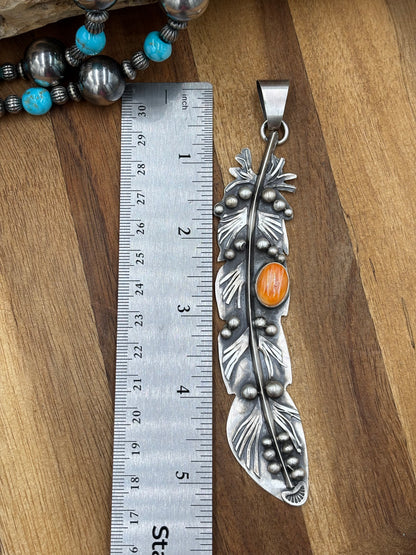 Orange Spiny Feather Pendant by Miranda Willie, Navajo