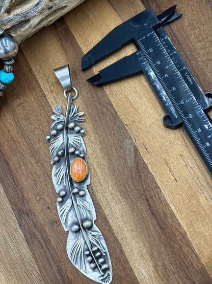 Orange Spiny Feather Pendant by Miranda Willie, Navajo