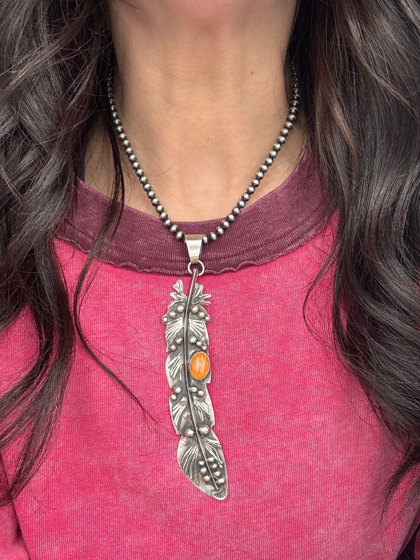 Orange Spiny Feather Pendant by Miranda Willie, Navajo