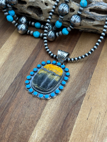 Bumble Bee Jasper & Turquoise Cluster Pendant by Philbert Nez, Navajo