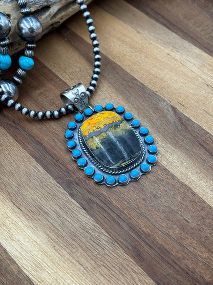 Bumble Bee Jasper & Turquoise Cluster Pendant by Philbert Nez, Navajo