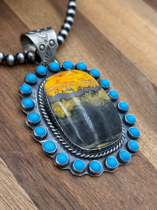 Bumble Bee Jasper & Turquoise Cluster Pendant by Philbert Nez, Navajo
