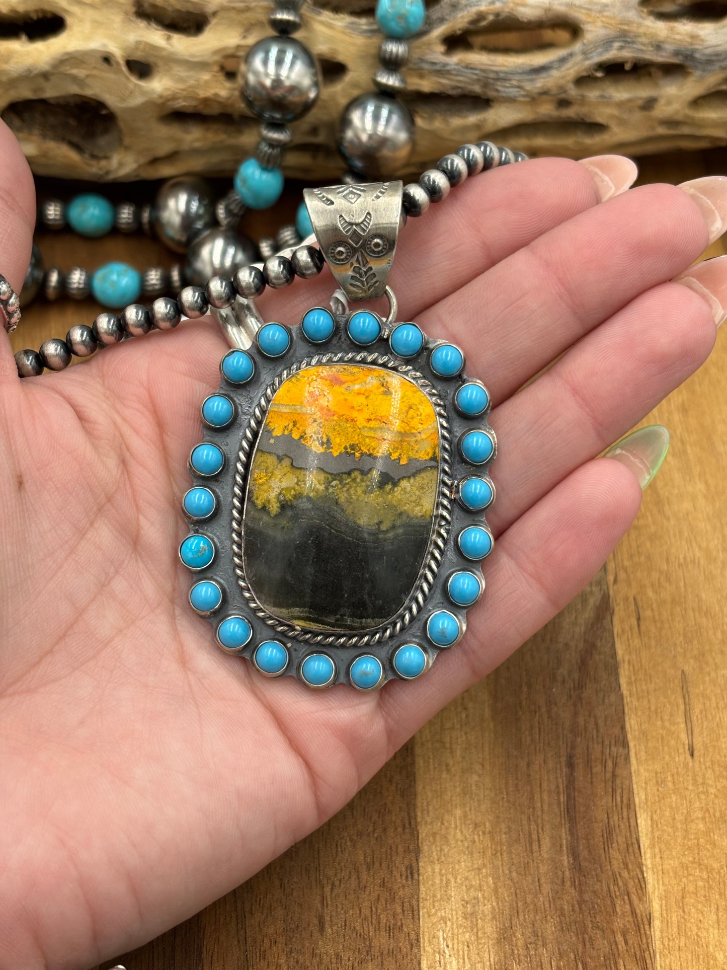 Bumble Bee Jasper & Turquoise Cluster Pendant by Philbert Nez, Navajo