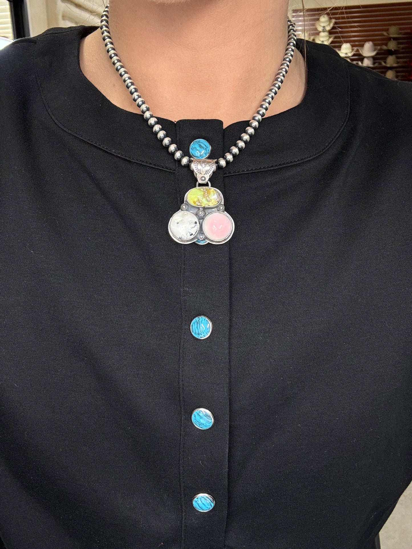 Palomino, White Buffalo, & Pink Conch Cluster Pendant