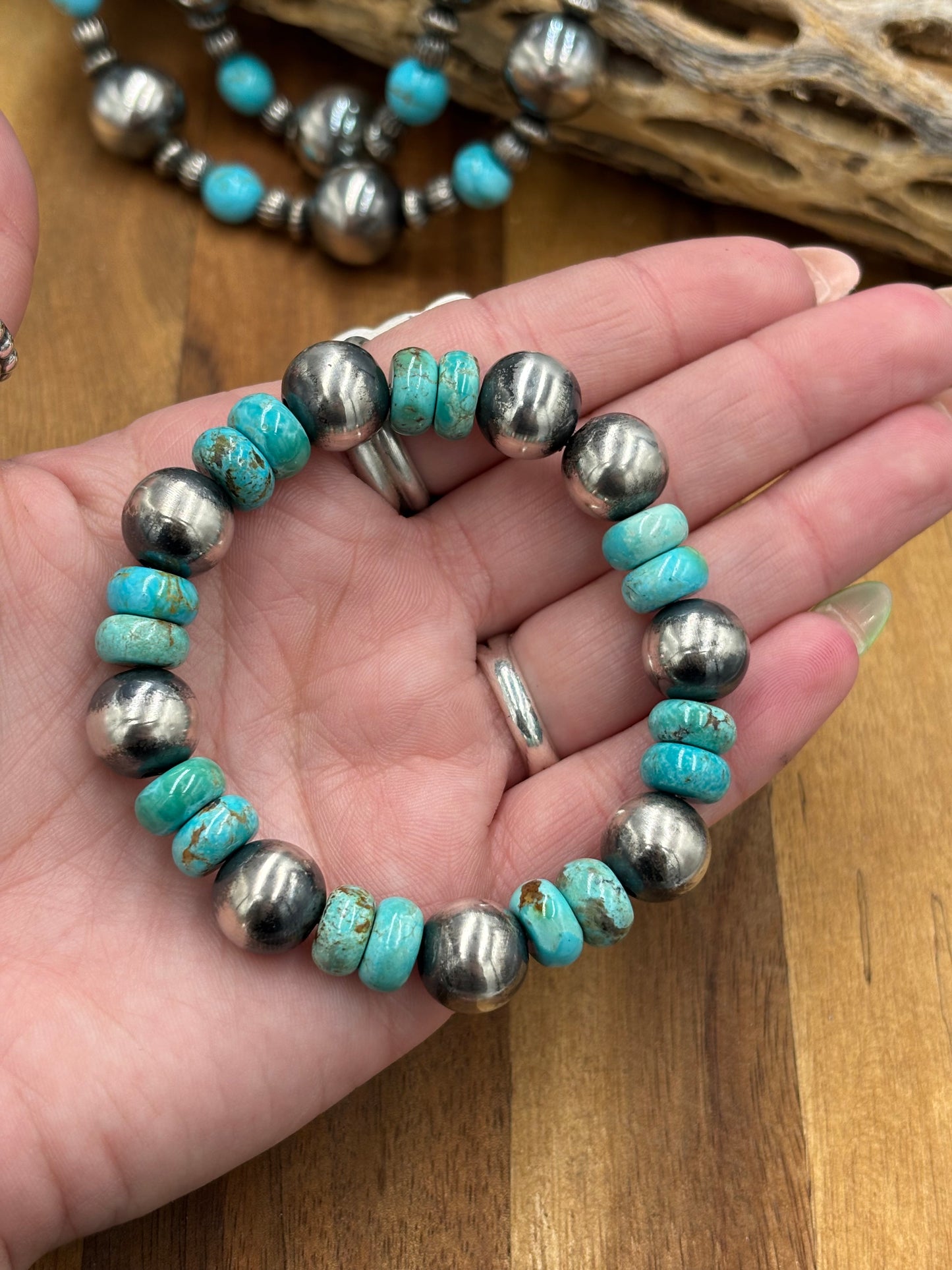 12mm Sterling Silver Pearl Stretchy Bracelet With Turquoise #2