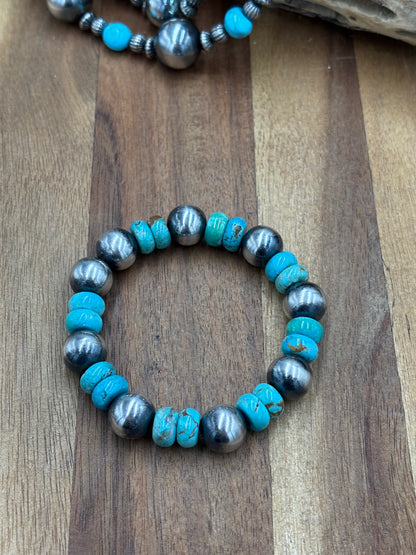 12mm Sterling Silver Pearl Stretchy Bracelet With Turquoise #2