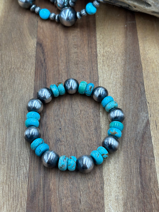 12mm Sterling Silver Pearl Stretchy Bracelet With Turquoise #2