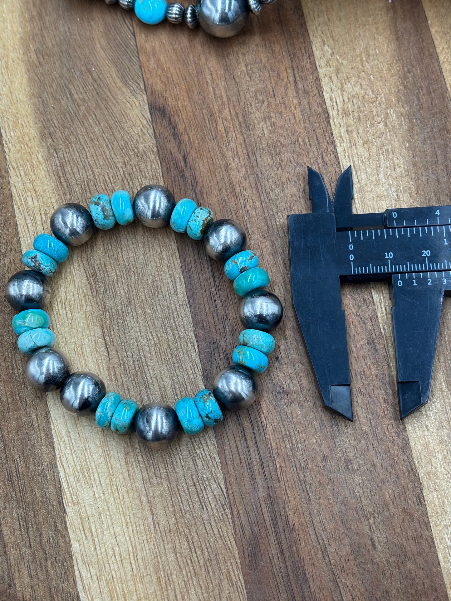 12mm Sterling Silver Pearl Stretchy Bracelet With Turquoise #2