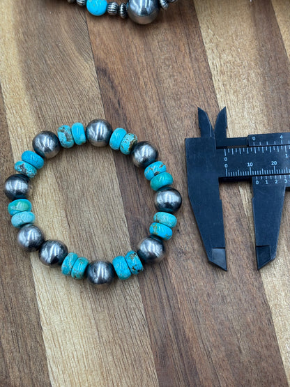 12mm Sterling Silver Pearl Stretchy Bracelet With Turquoise #2