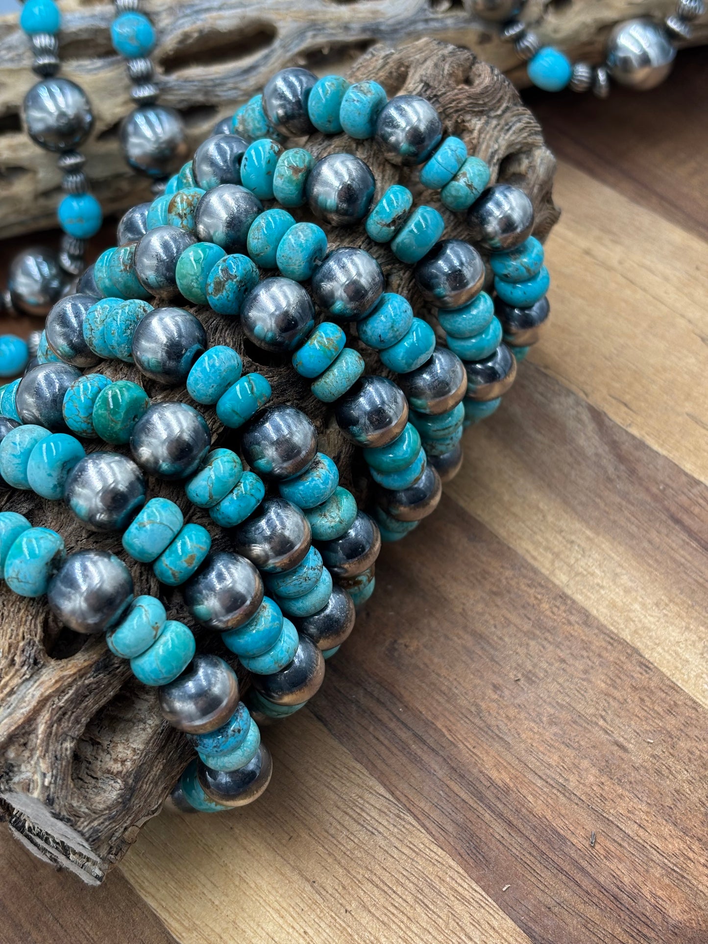 12mm Sterling Silver Pearl Stretchy Bracelet With Turquoise #2