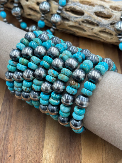 12mm Sterling Silver Pearl Stretchy Bracelet With Turquoise #2