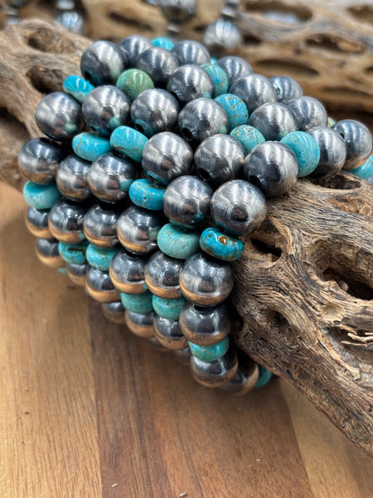 12mm Sterling Silver Pearl Stretchy Bracelet With Turquoise