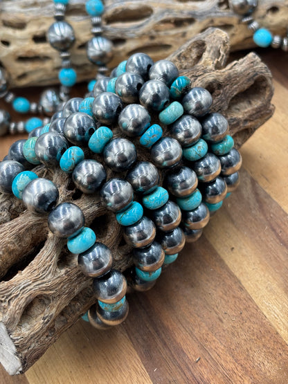 12mm Sterling Silver Pearl Stretchy Bracelet With Turquoise