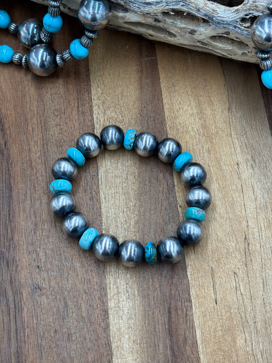 12mm Sterling Silver Pearl Stretchy Bracelet With Turquoise