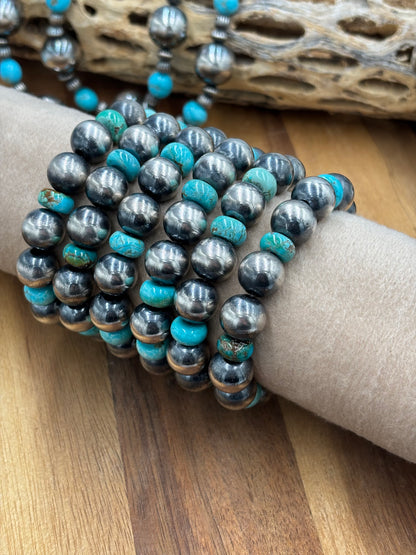 12mm Sterling Silver Pearl Stretchy Bracelet With Turquoise