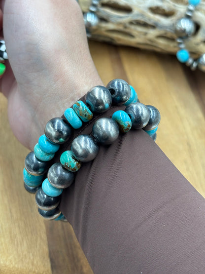 12mm Sterling Silver Pearl Stretchy Bracelet With Turquoise #2