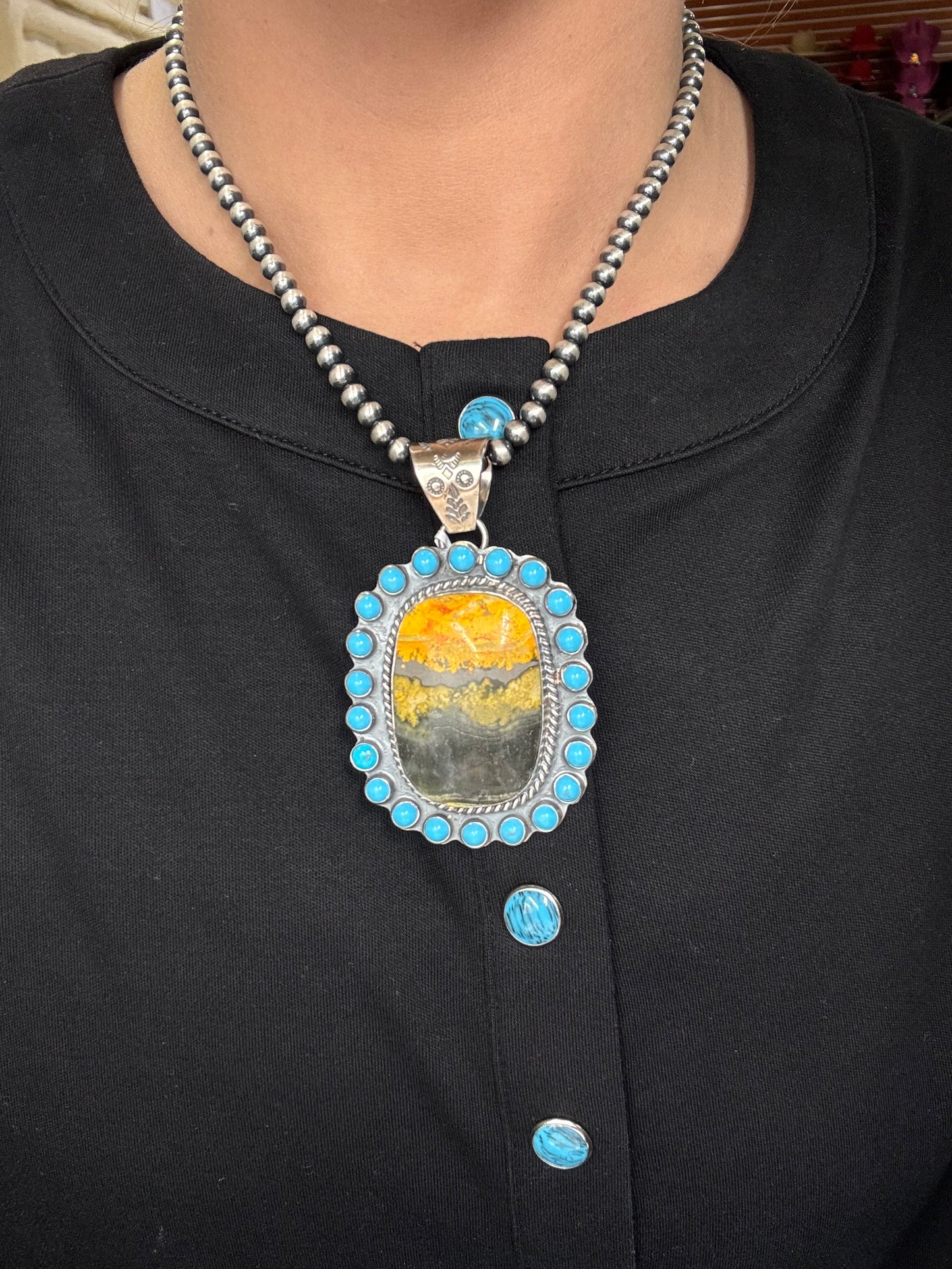 Bumble Bee Jasper & Turquoise Cluster Pendant by Philbert Nez, Navajo