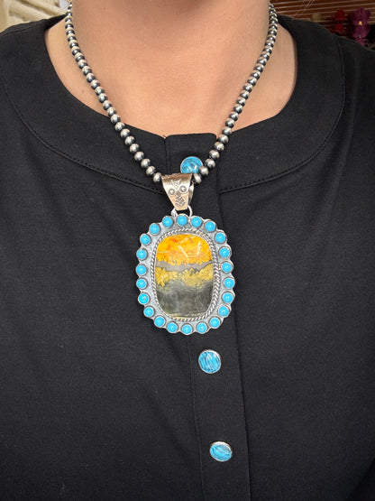 Bumble Bee Jasper & Turquoise Cluster Pendant by Philbert Nez, Navajo