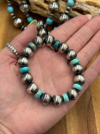 12mm Sterling Silver Pearl Stretchy Bracelet With Turquoise