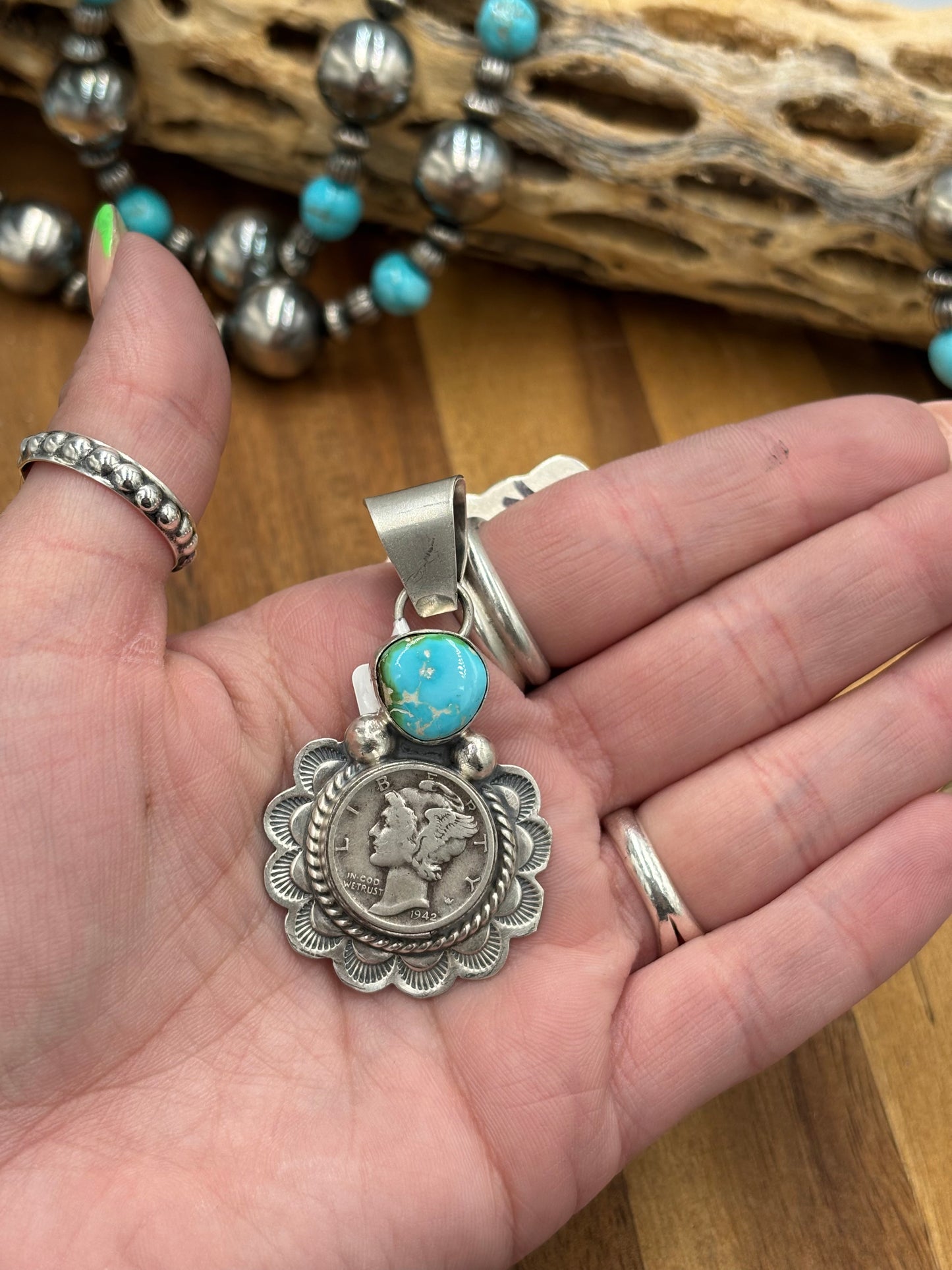 Sonoran Gold Turquoise Mercury Dime Pendant by H Joe, Navajo